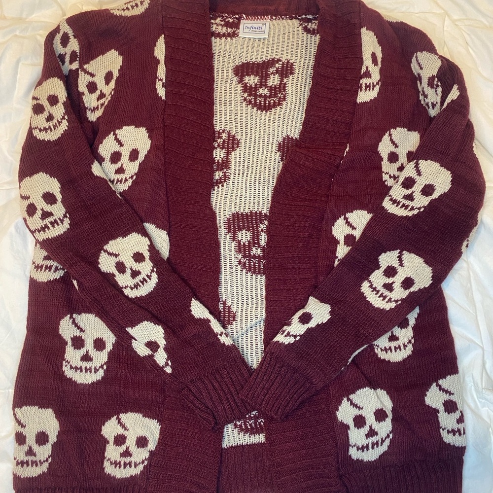 Express Red and White Cardigan with Skull Pattern